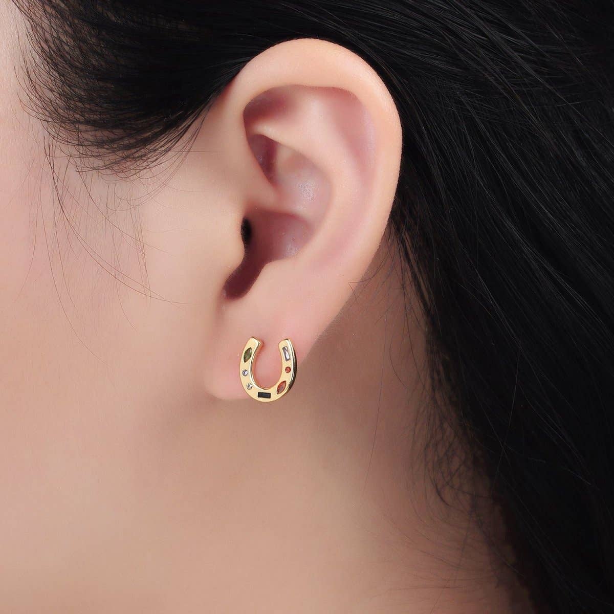 Gold Filled Multicolor Horseshoe Stud Earrings
