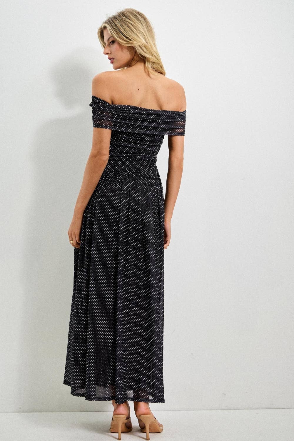Black Polka Dot Off-Shoulder Smocked Maxi Dress - FINAL SALE