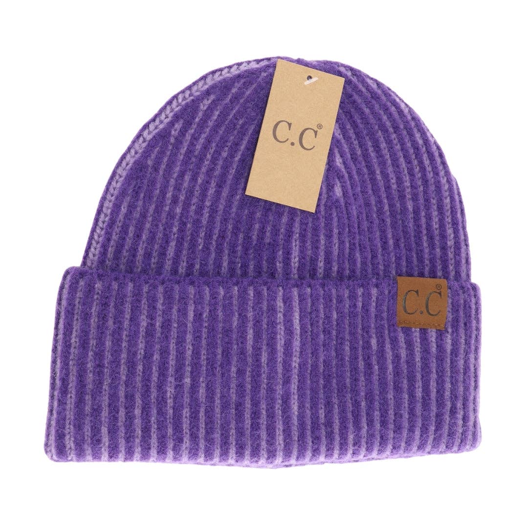 Olive Contrasting Striped Cuff Beanie