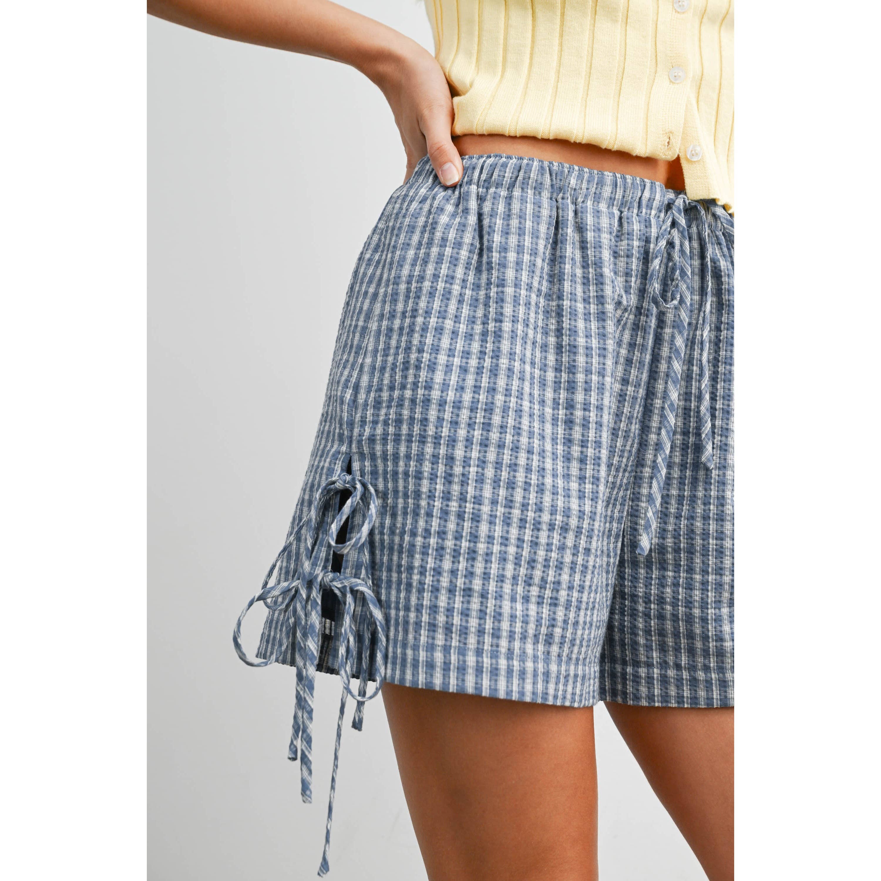 Navy Plaid Side-Tie Elastic Waist Shorts