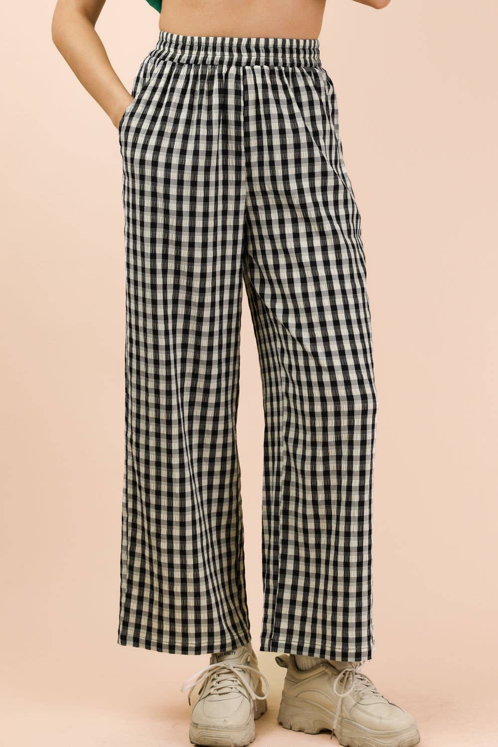 Black Elastic Waist Checkered Pants