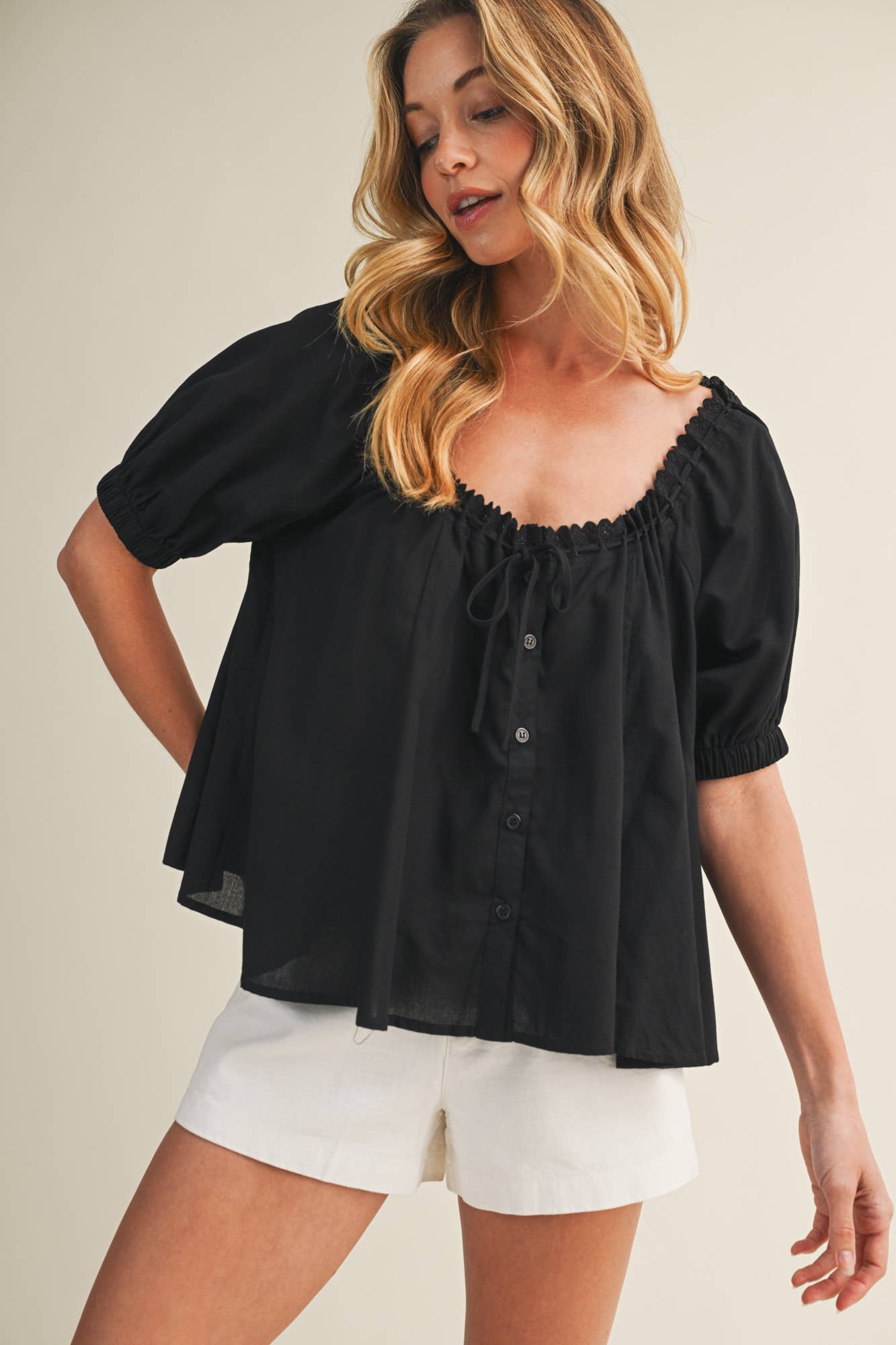 Black Eyelet Trim Puff Sleeve Top