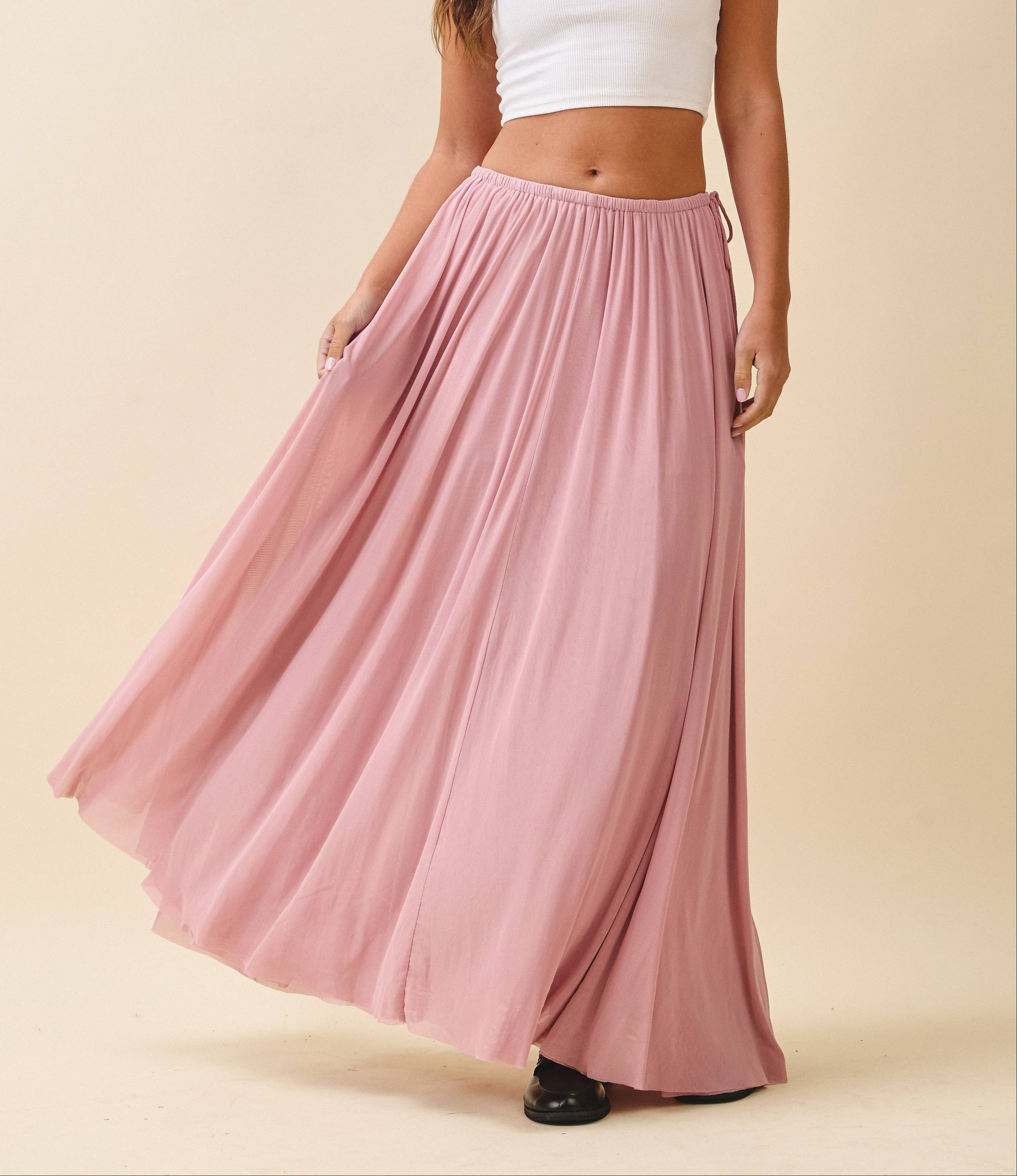 Pink Flowy Mesh Maxi Skirt