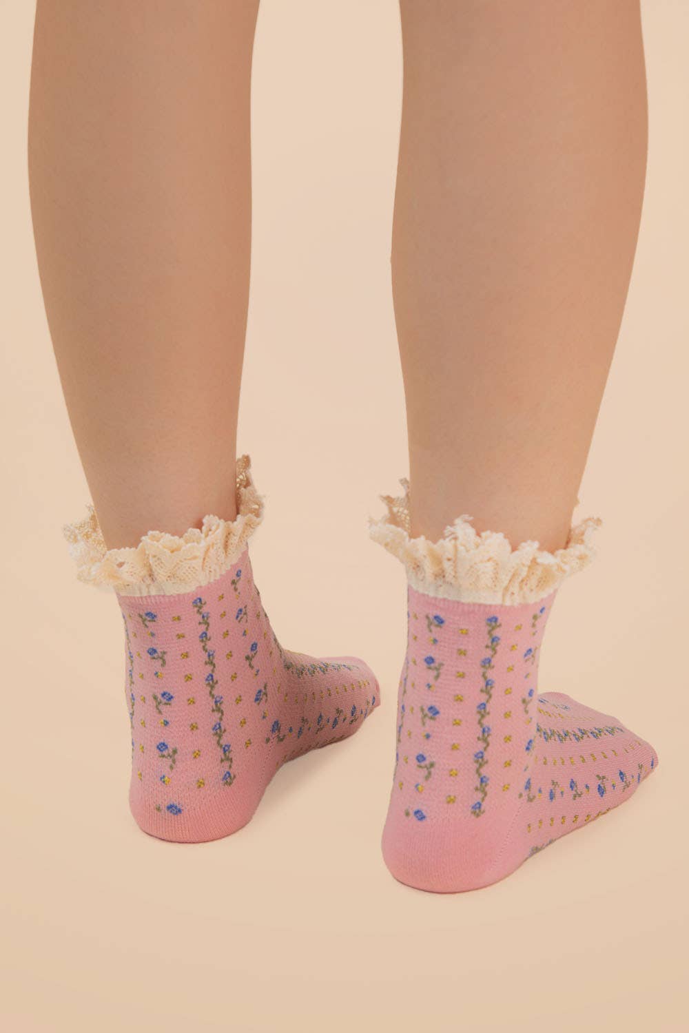 Blush Lace Trim Floral Crew Socks